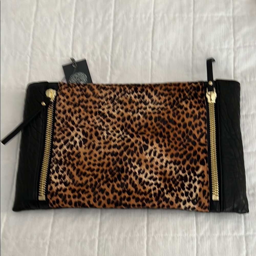 Vince Camuto Black and Brown Leopard Print Clutch